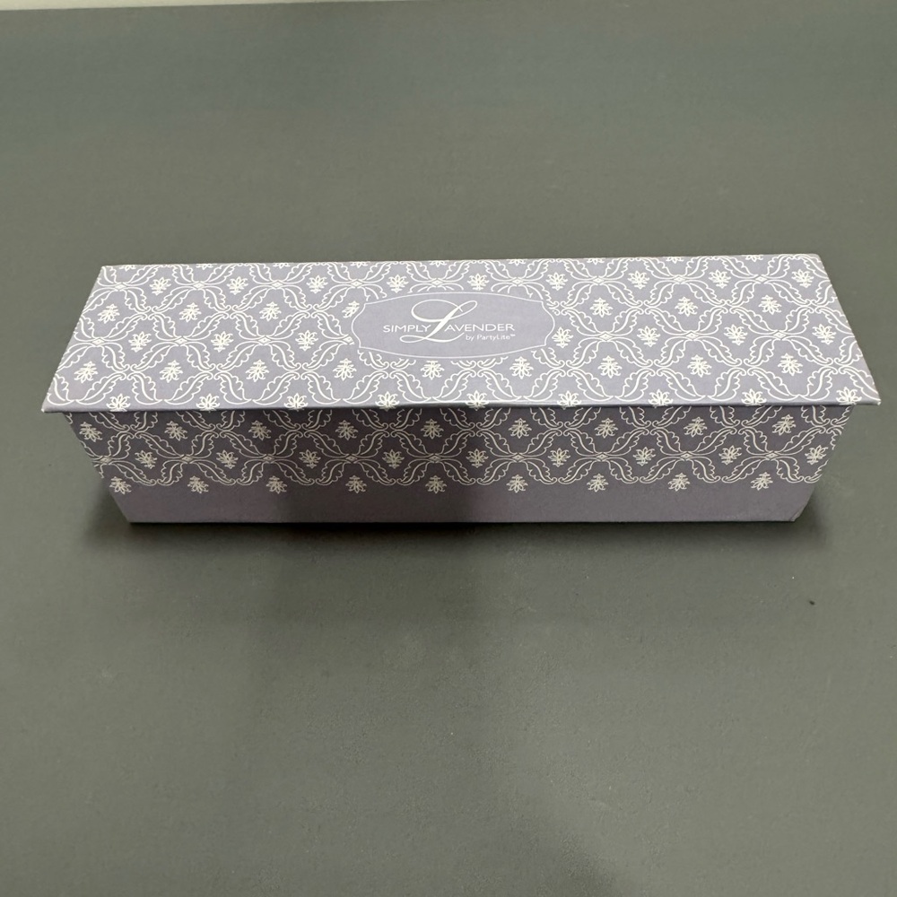 PartyLite Simply Lavender Box with White Patterns and Bars of Soap